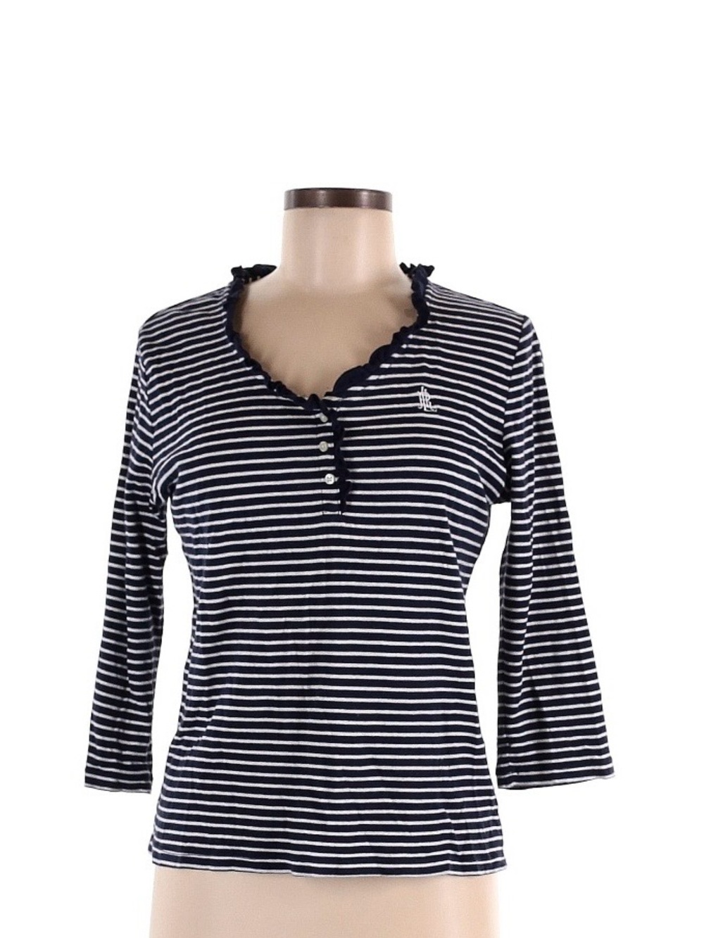 Lauren Ralph Lauren Black and White Striped Ruffle-Trim Henley Long Sleeve Top